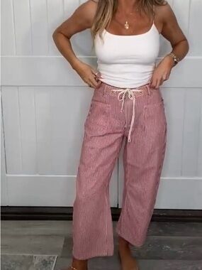 Red & White Striped Drawstring Waist Barrel Pants